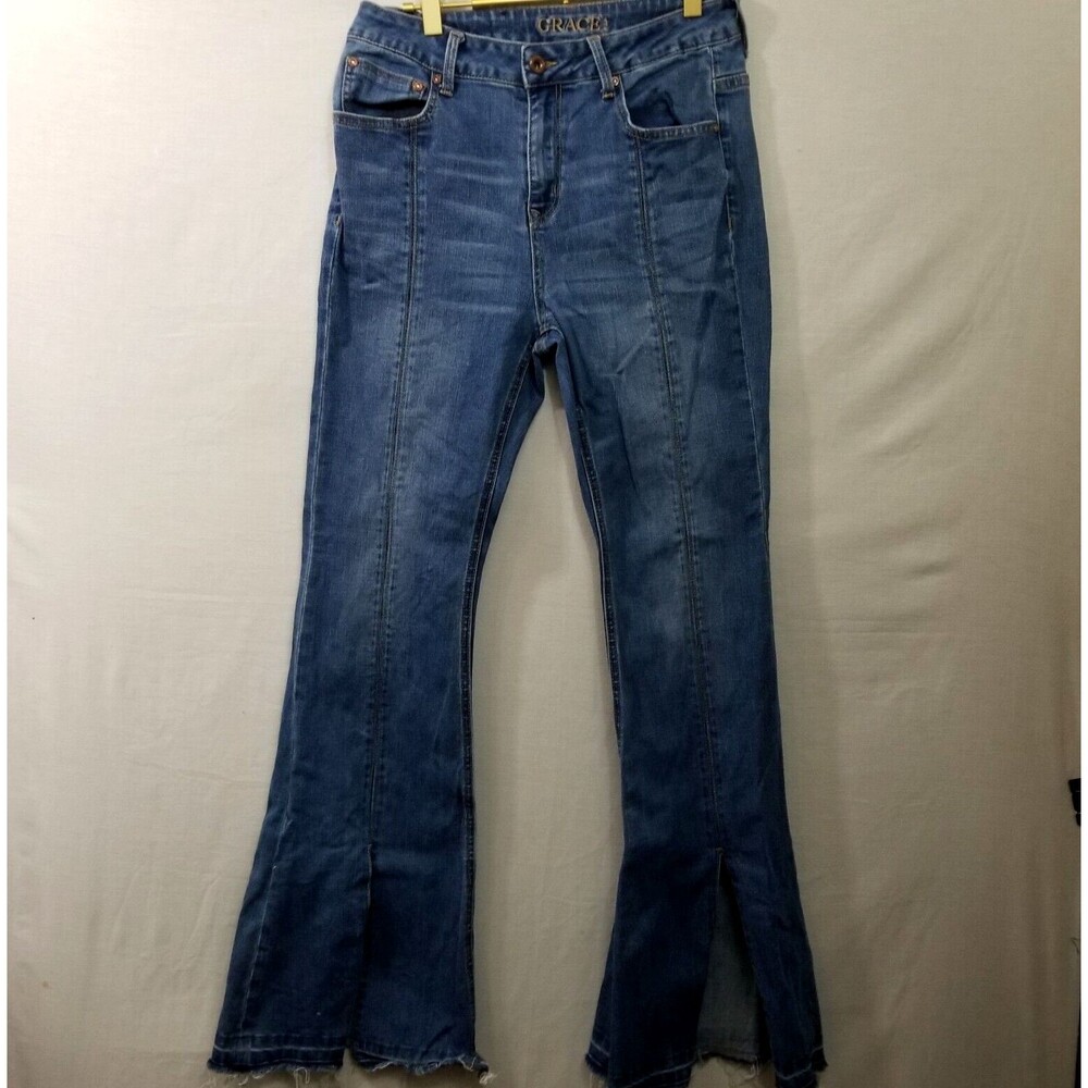 Grace In LA Women's Raw Split Hem Flare Leg Blue Denim Jeans - Size 28x32